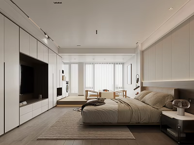 Modern Apartment Bedroom Interior With Minimalist Design And Large Windows 3d model