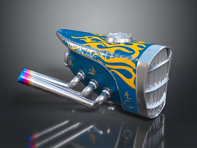 Custom Blue Motorcycle Engine With Yellow Flame Graphics And Shiny Silver Exhaust Pipe Design 3d model