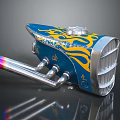 Custom Blue Motorcycle Engine With Yellow Flame Graphics And Shiny Silver Exhaust Pipe Design 3d model