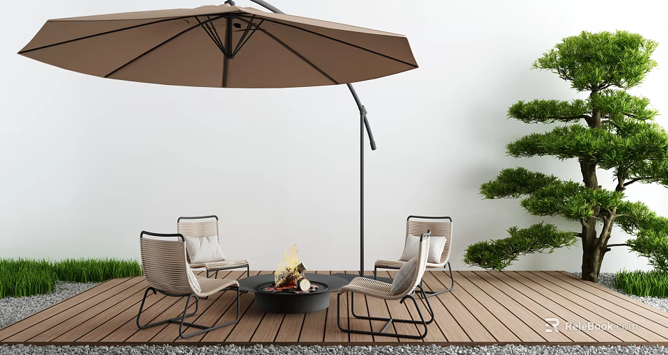 Outdoor Patio Umbrella Shading Wooden Deck With Fire Pit Chairs Green Plants And White Wall 3d model 