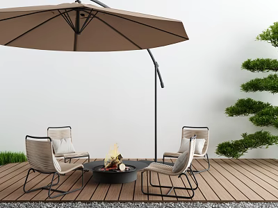 Outdoor Patio Umbrella Shading Wooden Deck With Fire Pit Chairs Green Plants And White Wall 3d model