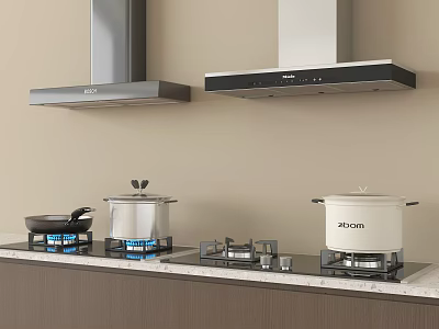 Modern Kitchen Appliances With Range Hoods Gas Stoves And Cookpots On Countertop 3d model