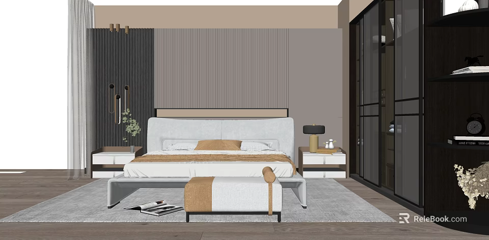 Modern Background Double Bed With Light Headboard Nightstands And Soft Rug 3d model