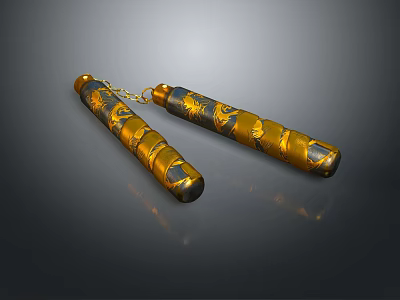 Ornate Gold And Black Nunchucks With Decorative Patterns And Connecting Chain 3d model