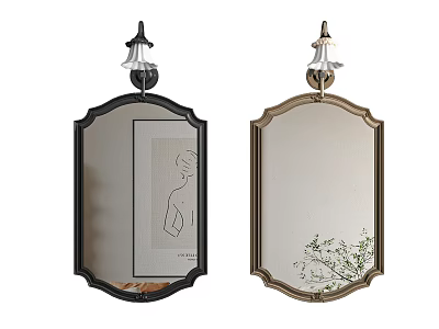 Elegant Decorative Mirrors with Black and Gold Frames and Wall Lamps 3d model