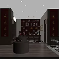 Traditional Chinese Style Showroom With Red Display Shelves Circular Counter Vases And Wooden Elements