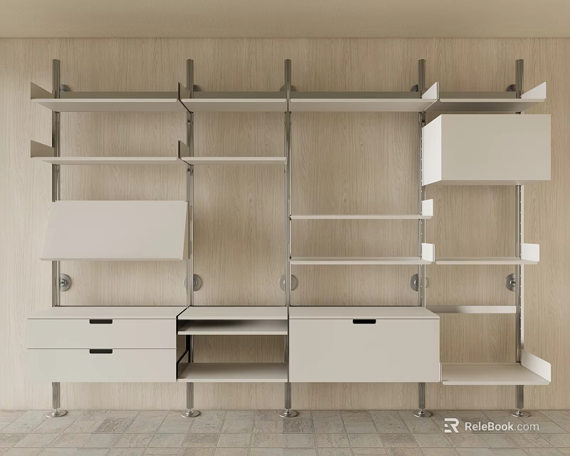 Contemporary Display Shelves Featuring Metal Frame White Drawers and Multiple Shelves Against Wooden Wall 3d model 
