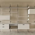 Contemporary Display Shelves Featuring Metal Frame White Drawers and Multiple Shelves Against Wooden Wall
