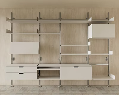 Contemporary Display Shelves Featuring Metal Frame White Drawers and Multiple Shelves Against Wooden Wall 3d model