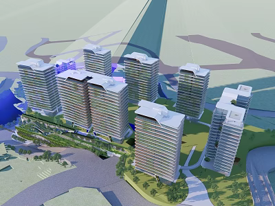 Modern High Rise Residential Buildings with Surrounding Greenery Water Area and Roads 3d model