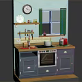 Cozy Kitchen Interior With Gray Cabinets Wooden Countertop Clock And Green Curtains