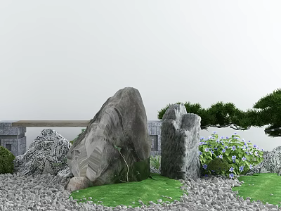 Natural Garden Ornament with Large Stones Green Grass Blue Flowers and Pine Tree 3d model