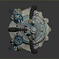 Turquoise And Silver Mechanical Robot Character With Coiled Pipes Antenna Circular Base And Multiple Legs