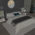 Modern Double Bed With Leather Headboard Brown Bedding Nightstands Round Mirror And Wooden Floor