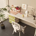 White Desk Interior With Pink Organizer Green Plants Wall Art And White Chair