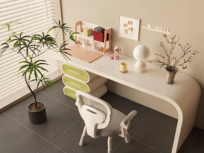 White Desk Interior With Pink Organizer Green Plants Wall Art And White Chair 3d model