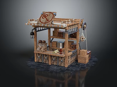 Rustic Wooden Market Stall With Circular RP Sign Shelves And Lantern Decor 3d model