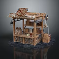 Rustic Wooden Market Stall With Circular RP Sign Shelves And Lantern Decor