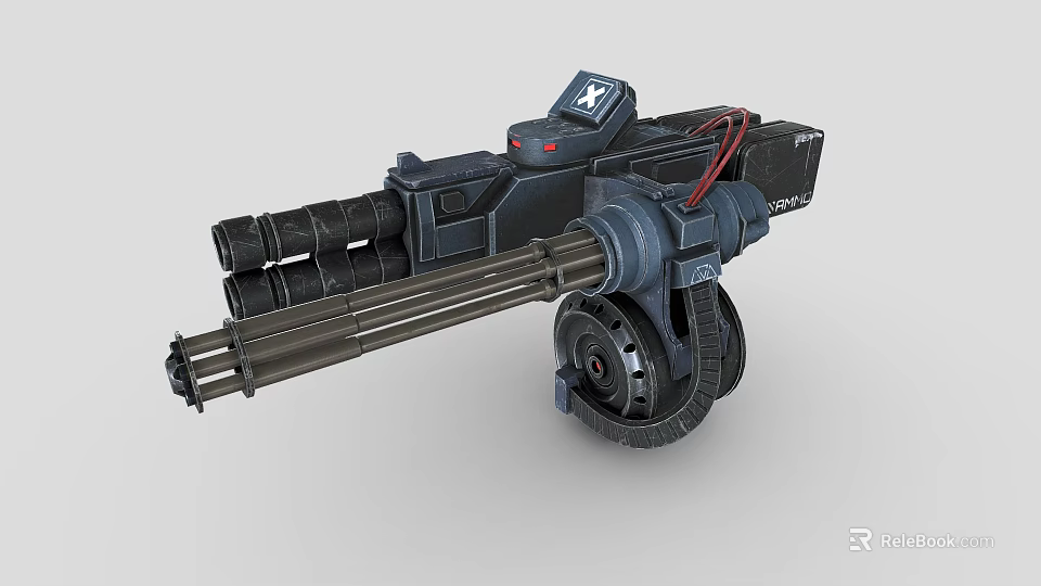 Futuristic Sci Fi Multi Barrel Weapon with Rotating Barrels Mechanical Structure and Red Cables 3d model 