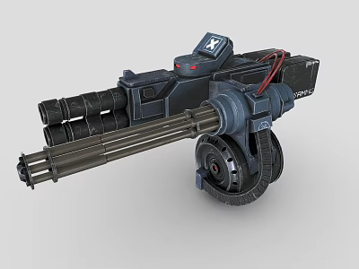 Futuristic Sci Fi Multi Barrel Weapon with Rotating Barrels Mechanical Structure and Red Cables 3d model