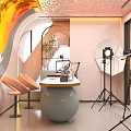 Modern Public Office Space With Moon Shaped Wall Art Round Desk And Green Plants