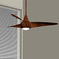Brown Ceiling Fan Light With Wooden Blades And Window Blinds In Room