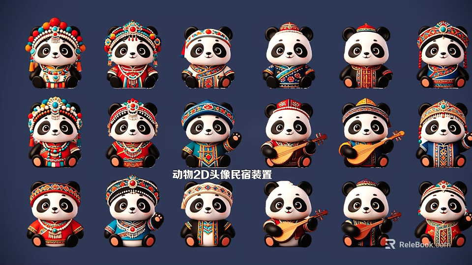 Animal Wall Decor Featuring 20 Cute Panda Figurines In Ethnic Costumes 3d model 
