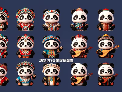 Animal Wall Decor Featuring 20 Cute Panda Figurines In Ethnic Costumes 3d model