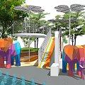 Vibrant Park Landscape With Colorful Playground Slides Green Lawns And Shade Trees