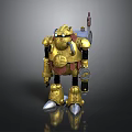 Detailed Golden Mechanical Robot With Glowing Eyes Backpack Device And Metallic Feet