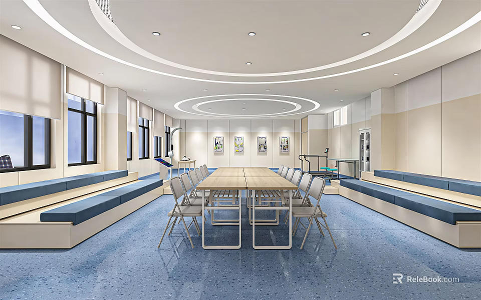 School Common Area Interior Featuring Long Table Chairs Windows Light-colored Walls And Blue Floor 3d model 