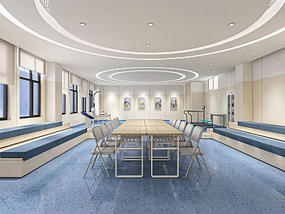 School Common Area Interior Featuring Long Table Chairs Windows Light-colored Walls And Blue Floor 3d model
