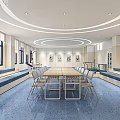School Common Area Interior Featuring Long Table Chairs Windows Light-colored Walls And Blue Floor