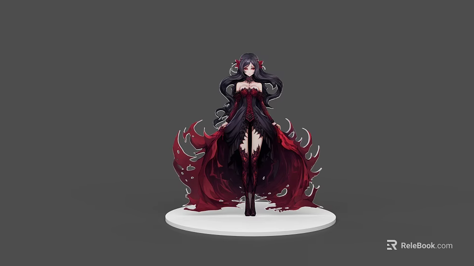 Stunning Game Movie Character With Long Black Hair Red Black Outfit And Flowing Skirt 3d model 