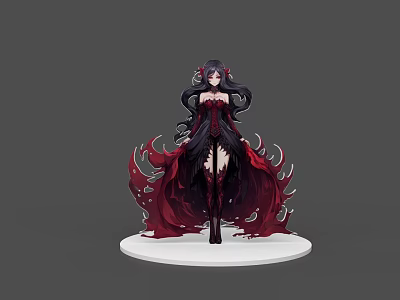Stunning Game Movie Character With Long Black Hair Red Black Outfit And Flowing Skirt 3d model