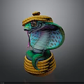 Colorful Cobra 3D Model In Woven Basket With Yellow Hat And Blue Green Body