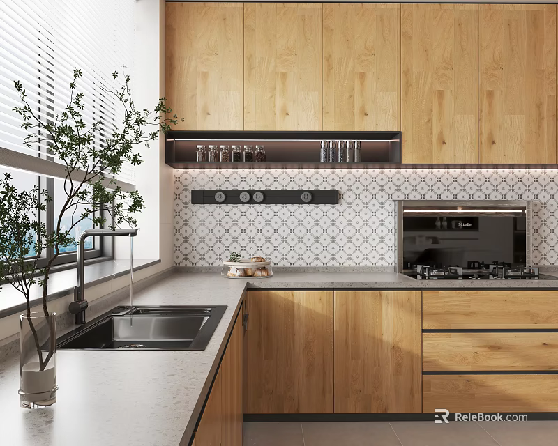 Modern Kitchen Interior With Wooden Cabinets Marble Countertop Sink Gas Stove And Green Plant 3d model 