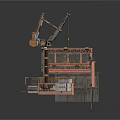 Industrial Construction Equipment With Crane Platform Stacked Boxes And Structural Parts