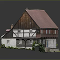 Traditional Country House With Red Roof White Walls Wooden Frames Red Door And Chimneys