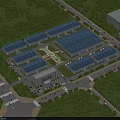 Industrial Factory Complex with Multiple Buildings Blue Roofs Surrounded by Greenery Parking and Roads