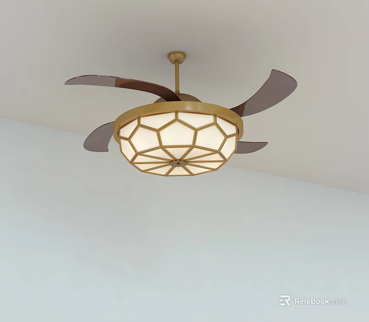 Ceiling Air Cooler Fan With Geometric Pattern Shade And Dark Blades 3d model 
