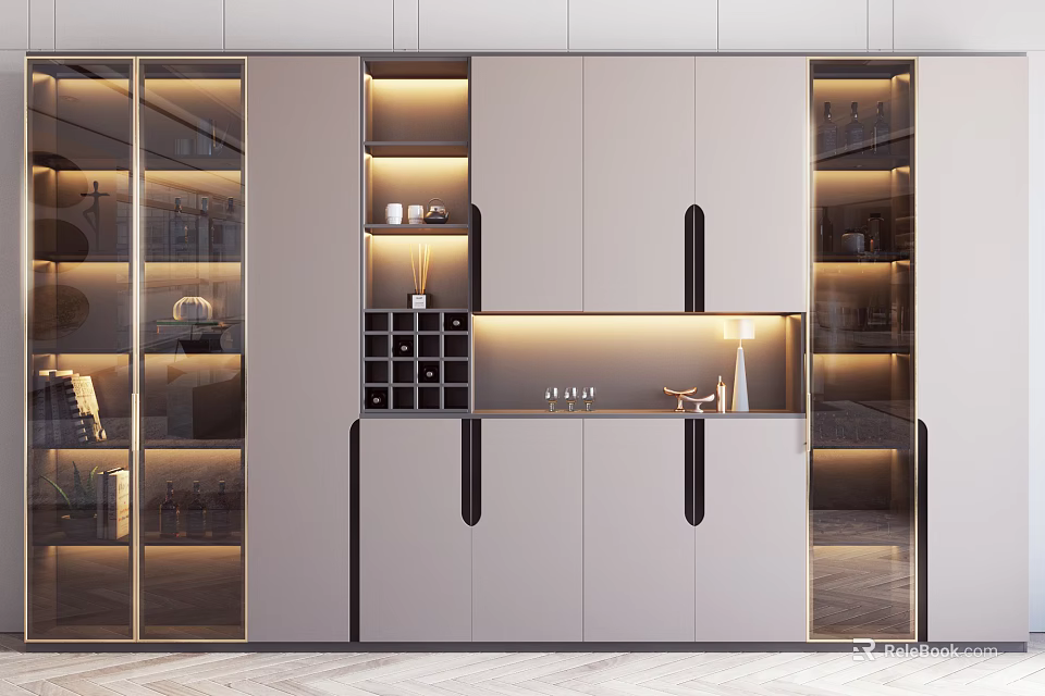 Modern Wine Cabinet With Glass Doors Built in Lighting And Storage Design 3d model 