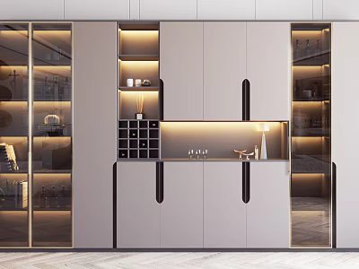 Modern Wine Cabinet With Glass Doors Built in Lighting And Storage Design 3d model