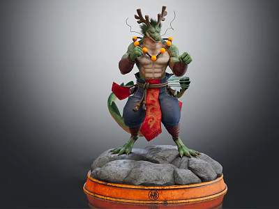 Antlered Green Skinned Game Movie Character with Red Sash Orange Beaded Necklace on Stone Base 3d model