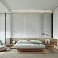 Minimalist Bedroom Interior Design With Wooden Platform Bed Hanging Plant And Light Flooring