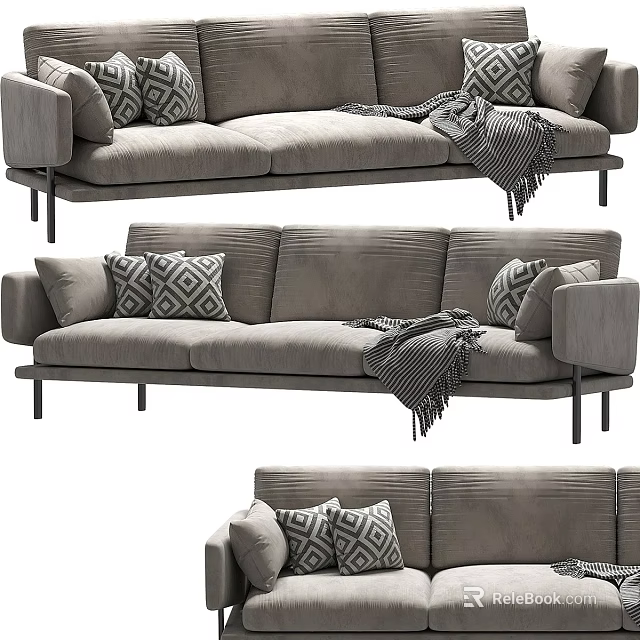 Modern Gray Sectional Sofa With Geometric Pattern Cushions And Throw Blanket 3d model