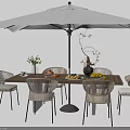 Modern Wooden Lattice Top Outdoor Dining Table Set With Stylish Rattan Chairs And Large Umbrella
