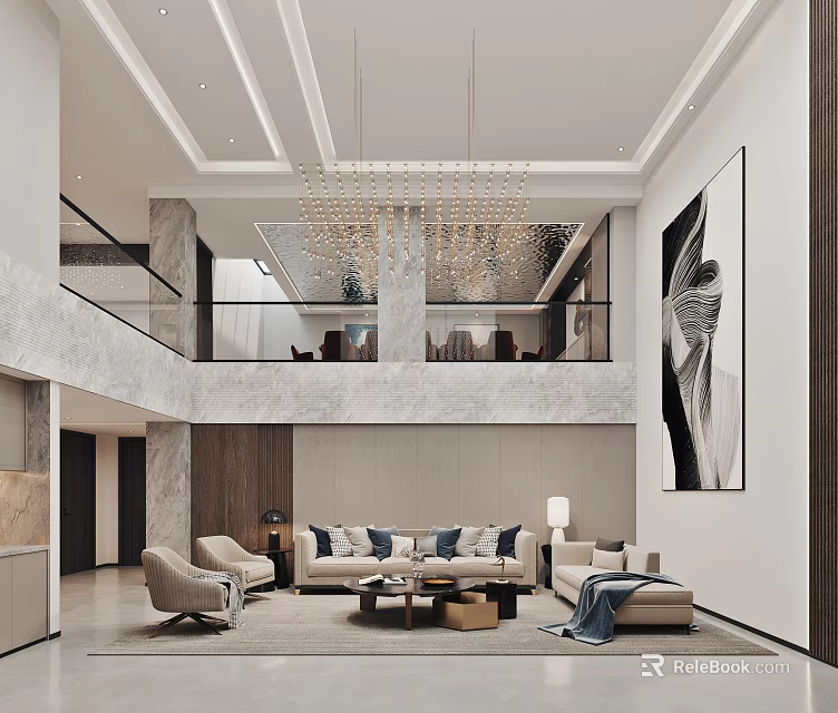 Modern Loft Living Room Interior Design With Sofas Chandelier And Artwork 3d model
