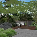 Serene Outdoor Garden Landscape With Stone Wall Red Maple Trees Stone Pavement And Blue Sky
