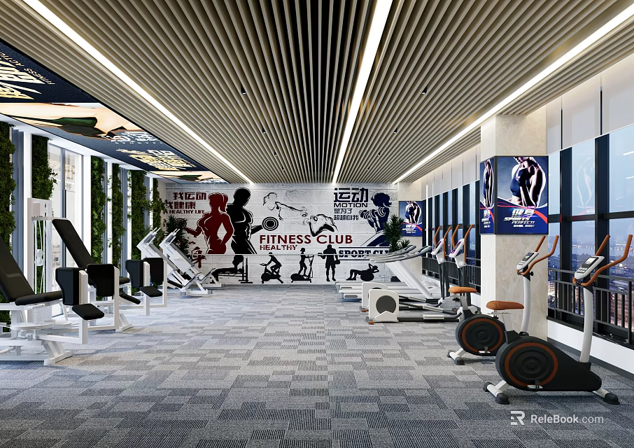 Modern Fitness Club Interior Spacious Gym Space With Treadmills Exercise Bikes And Workout Equipment 3d model 